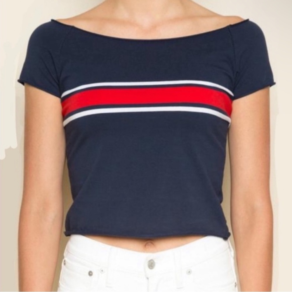 Rare Brandy Melville Navy Red Stripe Crop Shoulder Top